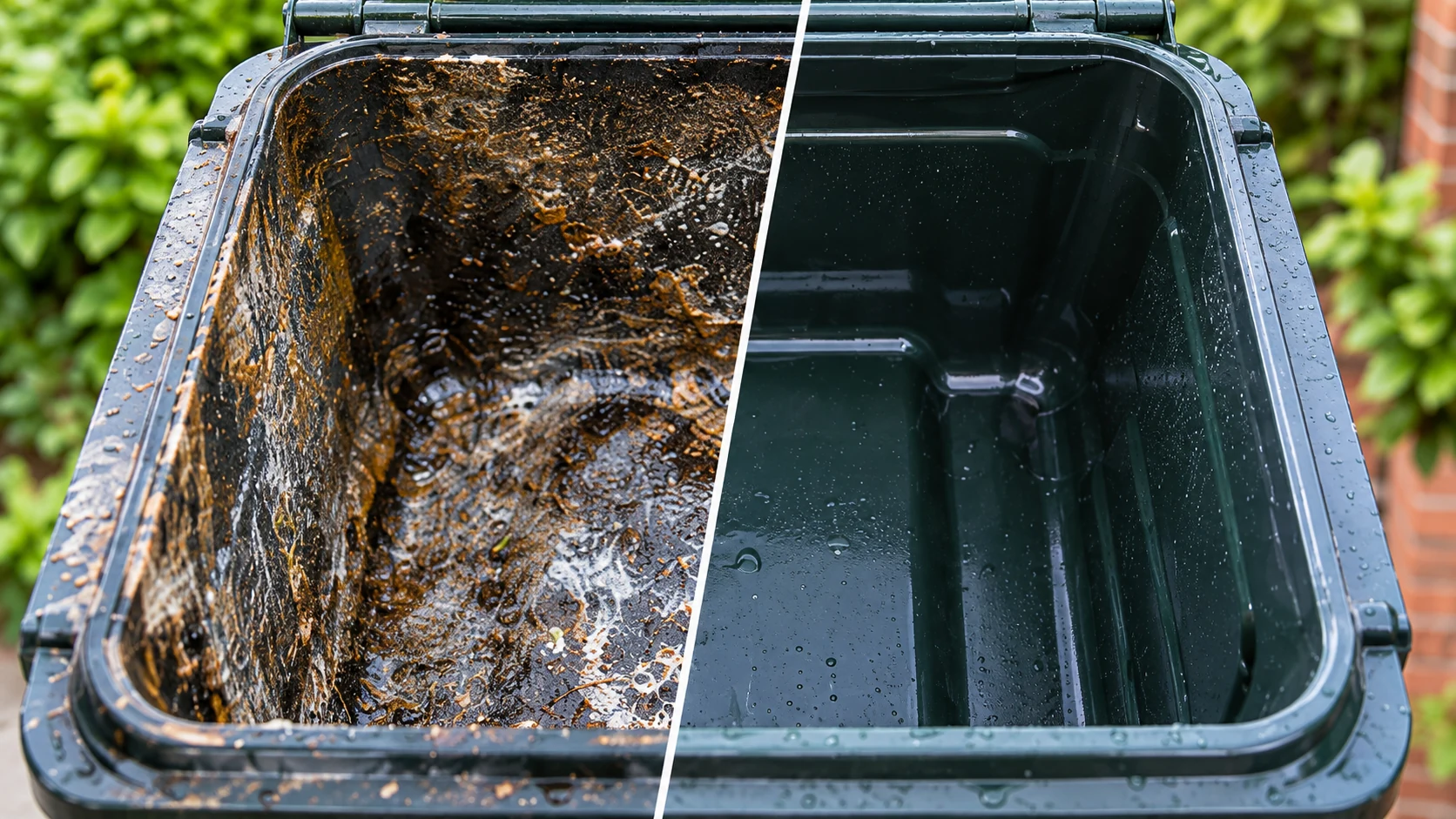 A dirty bin beside a freshly cleaned bin