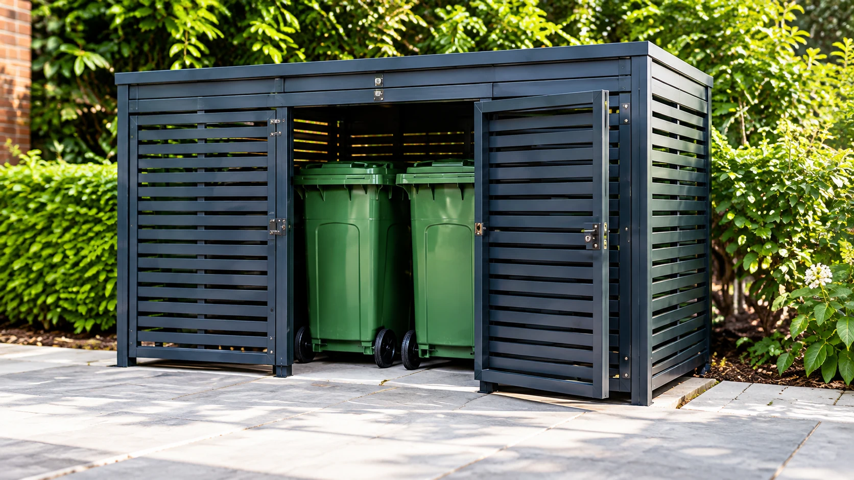 Green bins inside a shared bin store