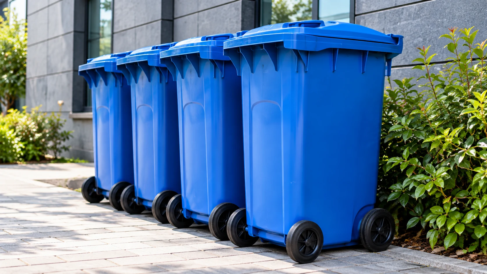 A row of blue commercial wheelie bins