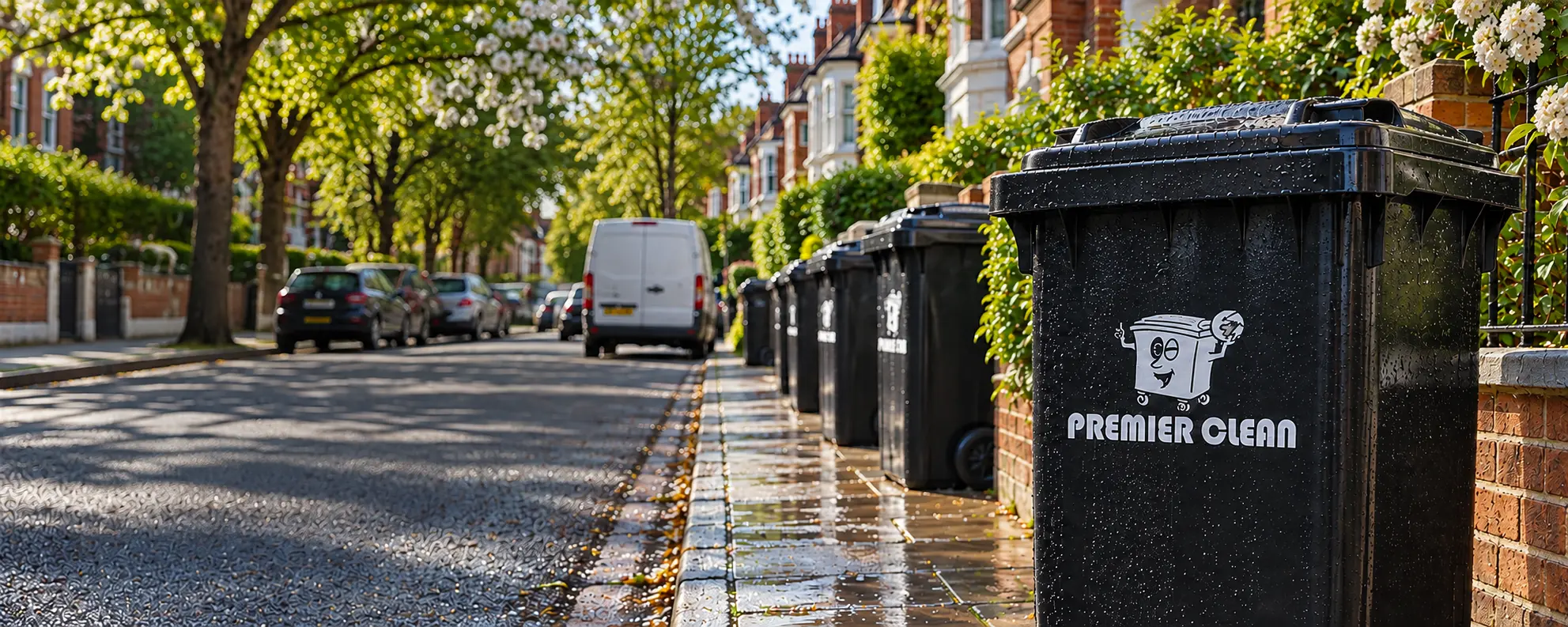 Clean Premier Clean wheelie bins lined up on a leafy London street